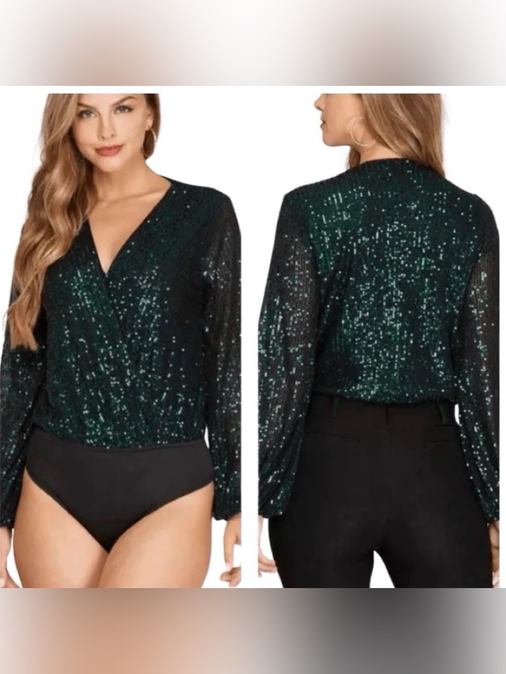 Rachel Zoe Emerald Green Sequin Wrap-Front Long Sleeve Bodysuit Sz L NWT